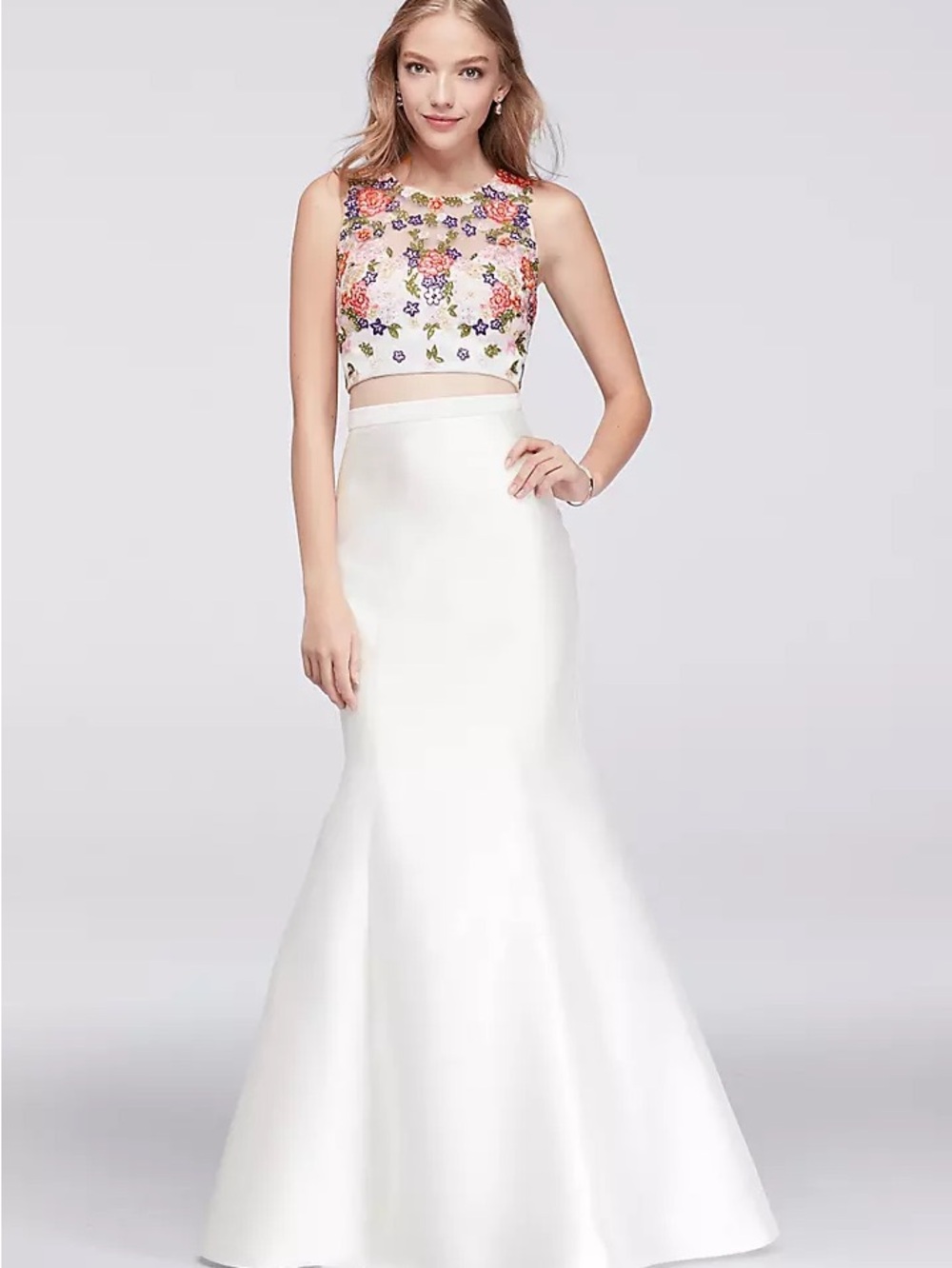 David's Bridal Ivory Mermaid Skirt with Floral Embroidered Crop Top
